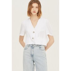시슬리 여름 마 반팔 숏 자켓 노카라 브이넥 화이트 SAJKD2331-WH