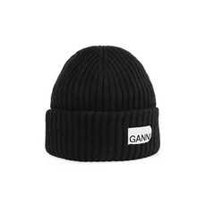 GANNI A4429 099 스트럭처드 로고 패치 울 비니
