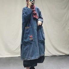 소질 느리다 가게 겨울 새로운 면입니다 데님 단아한 아플리케 개성 솜을 끼임 와이드 루즈핏 빅사이즈 롱 타입 두루마기 코트