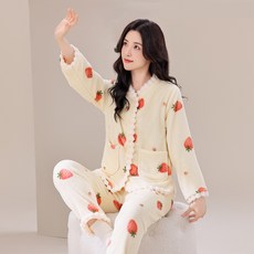 ANYOU 산호털 파자마 겨울 잠옷 보온 파자마 투피스 홈웨어 플라워 파자마 여성 잠옷 파자마 세트