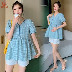 셀럽당 임부복 여름 세트 패션 체크 반팔 상의+반바지 투피스