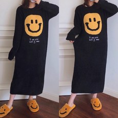 겨울 기모 도톰 스마일 잠옷 수면 원피스 파자마 여성 홈웨어