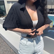 러브유 여성 시스루 허리 묶음 여름 루즈핏 매듭 크롭 셔츠 4color