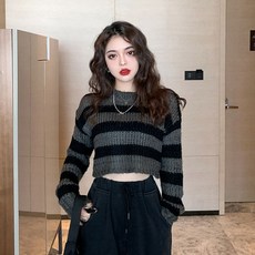 포린박스 라운드넥 스트라이프 루즈핏 숏 크롭 니트 SY