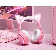 아인별 고양이헤드셋 고양이 헤드폰 헤드셋 게이밍 펑티모, USB 유선 분홍색, 1개