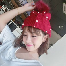 진주 폼폼이 니트 비니 밍크 퍼 방울 모자