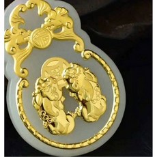 HeTian 옥 용감한 군대 펜던트 옥 푸 박쥐 목걸이 행운의 부적 24K 골드 보석 중국어 고급 보석 종교 불교 교회 천주교 기독교 악세사리