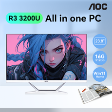 AOC 올인원 PC 비즈니스 데스크탑 23.8 인치 AMD R3 3200U 512GB 16GB RAM Windows 11 멀티스탠드 컴퓨터 일체형PC 사무용 컴퓨터 가성비, EU