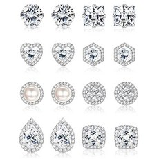[미국] 971526 Jstyle 8Pairs Halo Cubic Zirconia Stud Earrings for Women Clear CZ Round Square Pearl St
