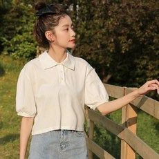 여성 여름 캐주얼 크롭 탑 2021 신상품 어 귀여운 턴 다운 칼라 퍼프 반팔 티셔츠 세련된 스트리트웨어