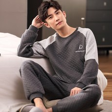 레니몰 겨울잠옷세트 겨울 가을 계절 스포츠 레저 삼층 이중지 면 긴 소매 두꺼운 남자 잠옷 라운드넥 풀오버 후드 실내복