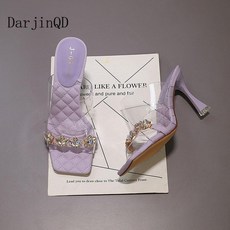 여성 여름 큐빅 투명 힐 스퀘어 샌들