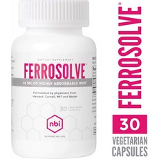 NBI FerroSolve 철 보충제 45mg | 철 황산염에서 고 흡수성 킬레이트 철 | 30ct 채소 캡슐, 1