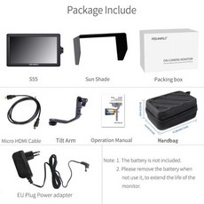 FEELWORLD 휴대용 카메라 DSLR 필드 모니터 HDMI 입력 출력 소형 풀 HD 1280x720 IPS 틸트 암 파워 S55 5.5 인치 4k, CHINA_S55EU-Bag, S55EUBag, S55EU-Bag