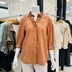 요하넥스 네크라인 셔링 칠부소매 블라우스(머키오렌지)