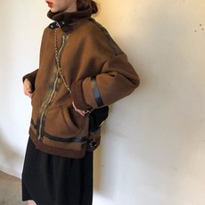 해외 여자 무스탕 자켓 오렌지 잼 요 코리아 빈티지 머신룩 멋스러우면서 도톰한 마른 털 일체형 사슴가죽