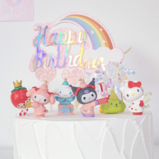 (딸기파티 산리오) 글리터하트 케이크토퍼 세트 데코픽 생일 파티 데코 피규어 장식