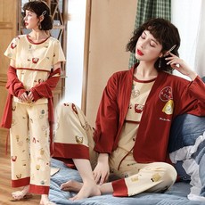 래쉬가드 임산부 만삭 잠옷 끈허리띠 통기성 산후조리복 3월분 분만후 귀여운 유행패션 오버사이즈 4월분 산모 수유, C08-1961# 레드 애니메이션 쓰리피스(수유가능)