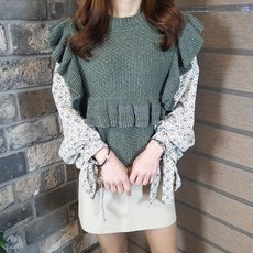 디바스타 여성용 프릴 포인트 소매나염 니트 블라우스