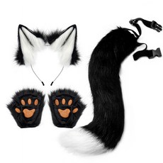 여우 꼬리 발바닥 파티 귀 동물 고양이 코스프레 세트, 흑백, 1개