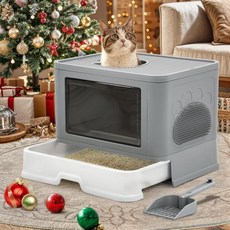 YITAHOME 고양이 원목 화장실 뚜껑이 있는 대형 밀폐형 쓰레기통 후드 냄새 없는 변기 쓰레기 스쿱 셀프 그루머 탈취 필터 전면 입구 상단 출구 문 설치 청소가 간편합니다그, 1개