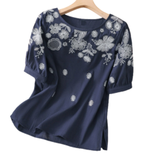 도오빠 푸시케 여성 반팔 티셔츠 블라우스 라운드넥 꽃무늬 자수 면티 얇은 여자반팔티 프리사이즈