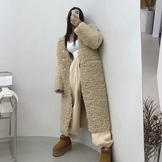 부클코트 랩 핸드메이드 에코 퍼 양털 오버 핏 노카라 맥시 롱 뽀글이 싱글 겨울 코트