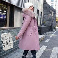 Makone여자 겨울 코트 롱 코트 겨울 한국판 롱 파이 극복 면복 여성용 줄넘기 허리 큰 털 칼라 후드 패딩 면복 여성