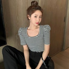 파워숄더 티셔츠 벌룬 퍼프 소매 스트라이프 골지 넥 반팔 a1844
