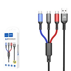 3in1 스마트폰 6A 고속 충전 멀티케이블 3단자 동시충전 8핀&C타입&마이크로 5핀, 120cm, 1개