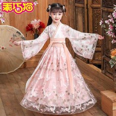 GuaiQiaoMao 앙증 맞 은 고양이 한 푸 여아 고대 복장 초 선 가을 원피스 자 고풍 우아 소녀 경 사 당복 민족 복 벚꽃 공주 치마 봄 핑크색 (머리 띠 + 비녀 눈썹 부채 운임 보험) 130