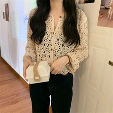 펀칭 메쉬 가디건 레이스 여성 블라우스 시스루 플라워 긴팔