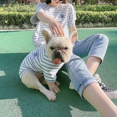 (S~4XL) 스퀘어 스마일 자수 스트라이프 커플티셔츠 줄무늬 애견 데일리 여름 반팔티 강아지견주커플룩, 오렌지, 1개
