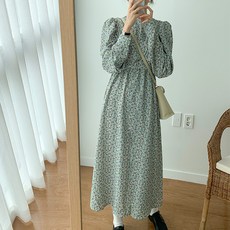 로제 가을 플라워 퍼프 랩 롱 쉬폰 원피스