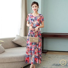 비치 원피스 빅사이즈 해외 중장년 플라워 프린트 반팔 엄마 스커트, 3XL, 옵션10