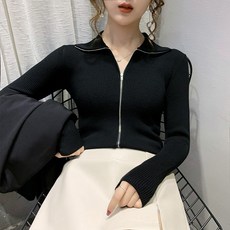 POLO 넥 여성 얇은 가을옷 슬림 더블지퍼 긴소매 이너티셔츠