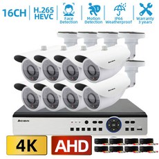 얼굴 감지 CCTV 카메라 키트 4K DVR 실외 모니터링 키트 8.0MP 적외선 보안 카메라 영상 모니터링 시스템 16CH DVR 키트, 없다, 유럽 연합 플러그, 16채널 dvr 캠 8개, 1개