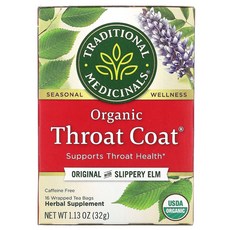 Traditional Medicinals Organic Throat Coat 느릅나무 함유 오리지널 카페인 무함유 티백 16개입 32g(1.13oz), 30캔