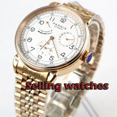 [해외] 42mm parnis 화이트 다이얼 날짜 표시기 파워 리저브 스틸 스트랩 로즈 골드 도금 솔리드 케이스 자동식 기계식 남성용 시계