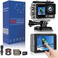 5K 24MP 액션 카메라 듀얼 터치 스크린이 장착된 Ultra HD 131FT 수중 방수 비디오 무선 마이크 및 64G SD 카드 액세서리 키트가 리모컨 스포츠