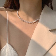 아름드리라움 못난이 체인 초커 밥풀 납작 진주 목걸이