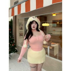 빅사이즈 상하의세트 여성 라운드넥 핑크탑 주름 스커트