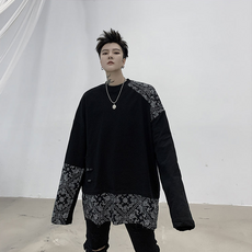개성 힙합 캐슈넛 플라워 프린트 패치워크 긴팔맨투맨 청 소년 캐쥬얼 와이드 루즈핏 풀오버