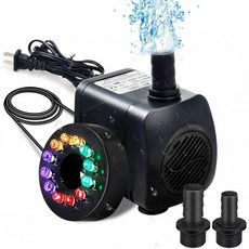 위키즈 분수 펌프(Led Lights) 220GPH 15W 잠수수분수 63인치 아쿠아리움 어항 연못 수경 5.9ft 전원 코드 노즐 2개