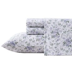 Laura Ashley Home 새틴 컬렉션 침대 시트 세트 실크처럼 매끄럽고 빛나는 광택의 100% 면 주름 방지 침구 퀸 릴리안, 릴리안 퍼플/그린/화이트