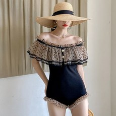 도트 프릴 캉캉 체형커버 펄버튼 오프숄더 수영복 수입 예쁜 흔하지않은 독특한 김보연 레이스, 블랙