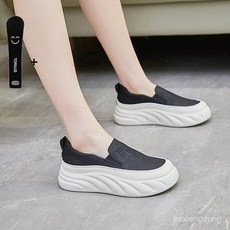 TORUUS 여성 발편한 통굽 스니커즈 가죽 패션 슬립온 운동화1+1, 225, 블랙