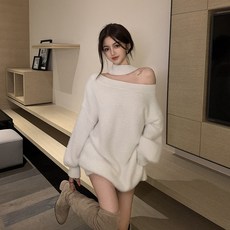 여성 오프숄더 니트 흰색 끈이없는 스웨터 가을과 겨울에 홍콩 스타일의 섹시한 홀터넥