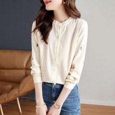 ROYALBELLE 여성 꽃 자수 프릴카라넥 데일리 심플 블라우스 긴팔 셔츠 오피스룩 K070305