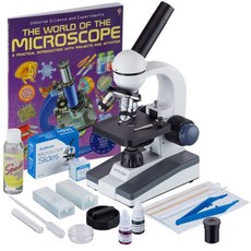 AmScope - 40X-1000X 무선 학생 복합 현미경 + 슬라이드 준비 키트 World of The Microscope Book M150C-SP14-CLS-50P100S-W
